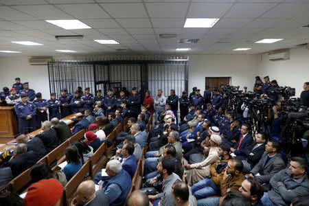 A general view of a packed courtroom for those accused of staging an attack on December 2016 on a Crusader castle in Kerak, at the State Security Court, in Amman, Jordan November 13, 2018. REUTERS/Muhammad Hamed