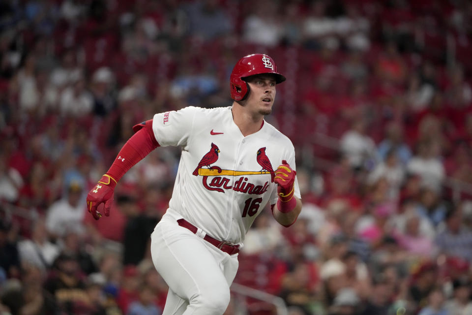 St. Louis Cardinals' Nolan Gorman heads to first for an RBI single during the third inning of a baseball game against the San Diego Padres Tuesday, Aug. 29, 2023, in St. Louis. (AP Photo/Jeff Roberson)