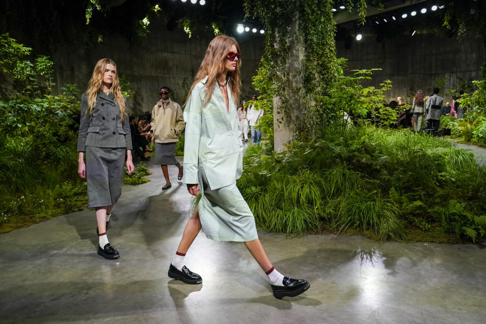 Models showcase outfits for the Gucci Cruise fashion show in London, Monday, May 13, 2024. (Photo by Alberto Pezzali/Invision/AP)