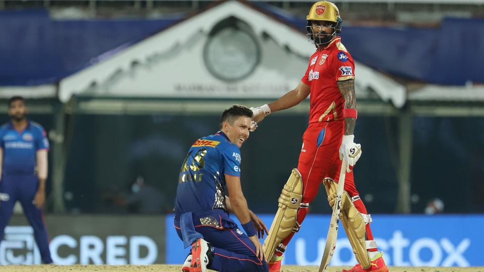 KL Rahul watches on after hitting a boundary off Trent Boult