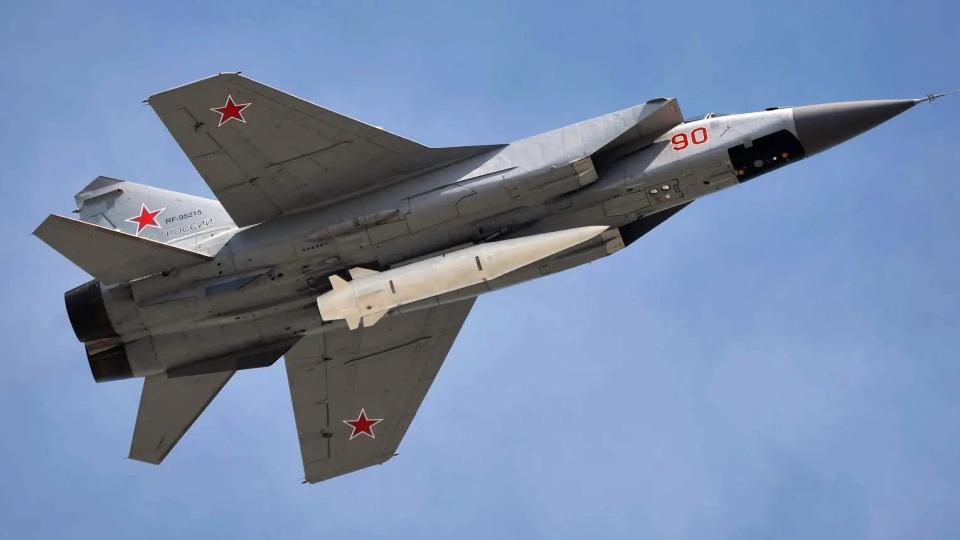 A Russian MiG-31 Foxhound combat jet carrying a Kinzhal air-launched ballistic missile. <em>Russian MoD</em>