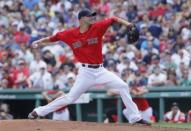 Jul 16, 2017; Boston, MA, USA; Boston Red Sox starting pitcher Rick Porcello (22) throws the ball against the New York Yankees in the second inning at Fenway Park. Mandatory Credit: David Butler II-USA TODAY Sports