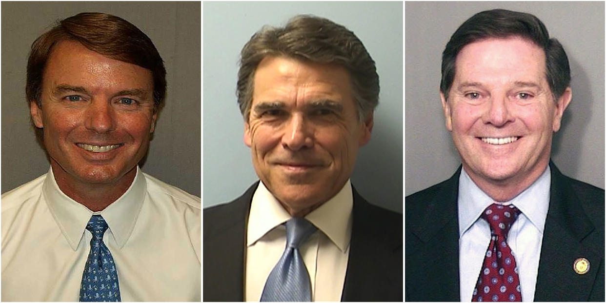 Mug shots of John Edwards, Rick Perry, and Tom DeLay