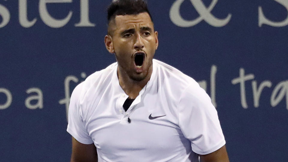 Nick Kyrgios of Australia celebrates match point against Borna Coric of Croatia during Day 5 of the Western and Southern Open at the Lindner Family Tennis Center on August 15, 2018 in Mason, Ohio. (Photo by Rob Carr/Getty Images)