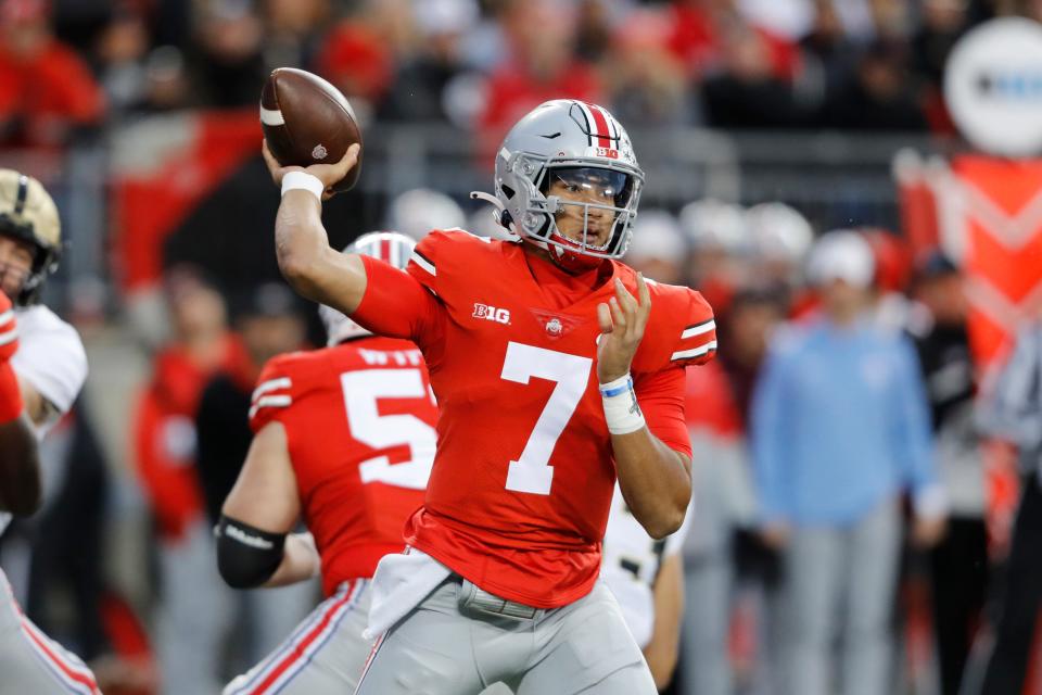 Ohio State quarterback C.J. Stroud (7) throws against Purdue at Ohio Stadium.