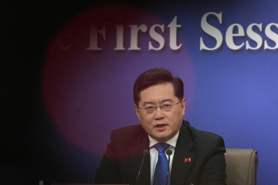 FILE - Then Chinese Foreign Minister Qin Gang speaks during a press conference held on the sidelines of the annual meeting of China's National People's Congress (NPC) in Beijing, Tuesday, March 7, 2023. China's government ministers typically hold their posts for five years, but Qin Gang was dismissed as foreign minister last year after only a few months on the job. To this day, the government has not said what happened to him and why. (AP Photo/Mark Schiefelbein, File)