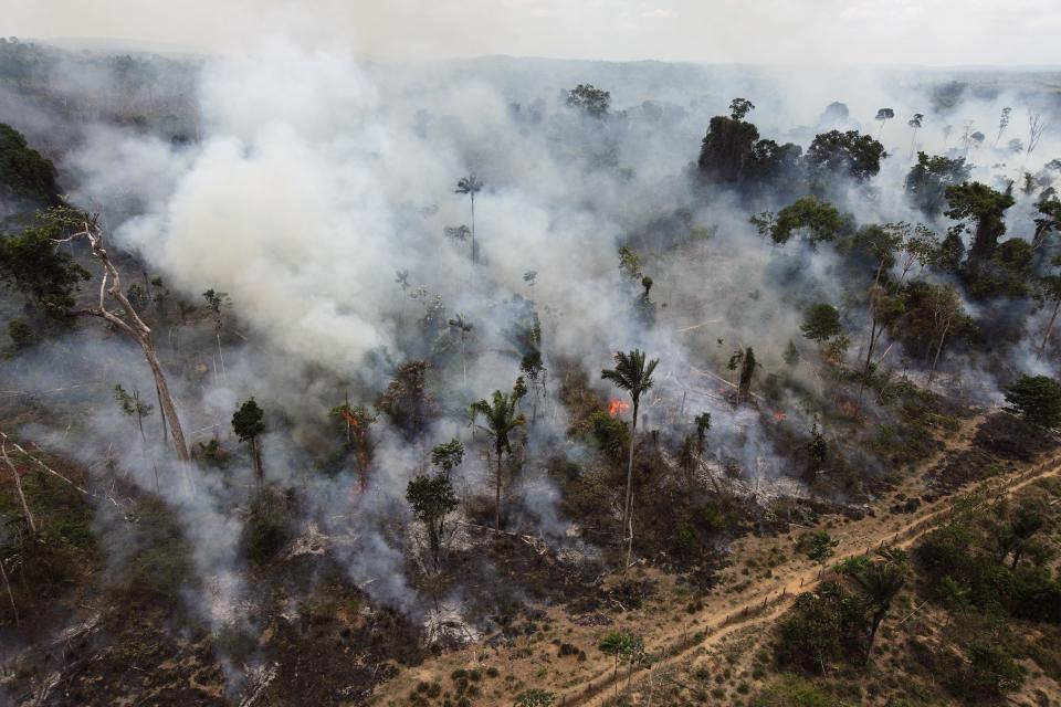 FILE - In this Sept. 15, 2009, file photo a forest in the Amazon is seen being illegally burnt, near Novo Progresso, in the northern Brazilian state of Para. Brazil's lower house of Congress is expected to vote Tuesday, April 24, 2012, on changes to the nation's benchmark environmental law that detractors say would weaken protections for the Amazon rainforest and stoke more destruction. (AP Photo/Andre Penner, file)