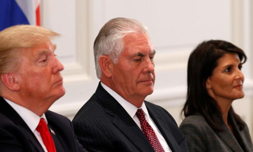 Donald Trump with secretary of state Rex Tillerson and UN ambassador Nikki Haley in New York on 18 September.