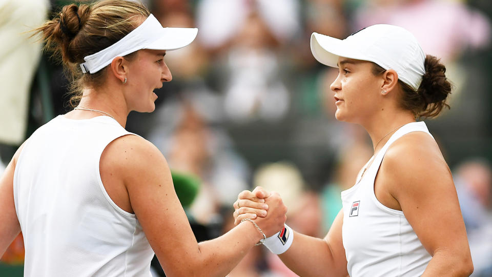 Barbora Krejcikova (pictured left) congratulating winner Ash Barty (pictured right) at Wimbledon.