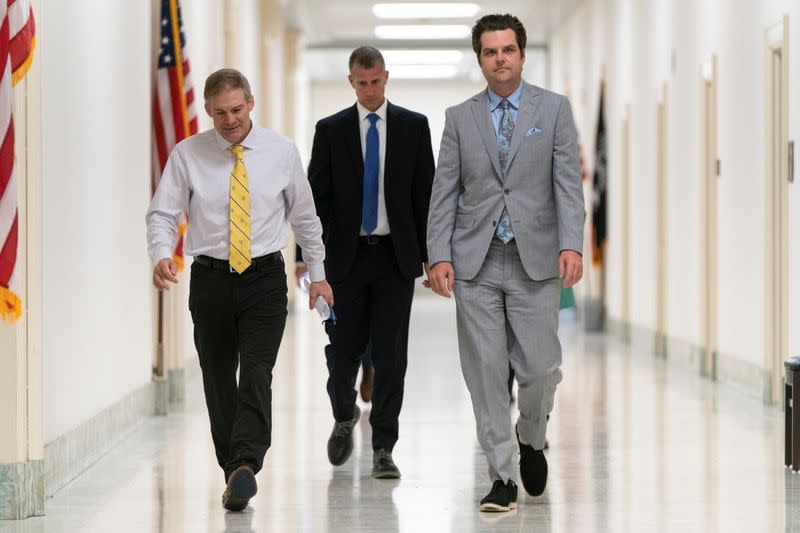 U.S. Reps. Jim Jordan (R-OH) and Matt Gaetz (R-FL) walk on Capitol Hill in Washington