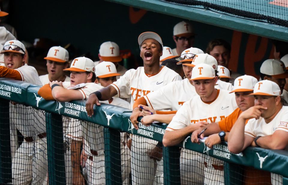 The Texas dugout celebrates Porter Brown's first-inning home run against Abilene Christian during their game on April 19 at UFCU Disch-Falk Field. The Longhorns will next face either Texas A&M or Stanford in the NCAA super regionals.