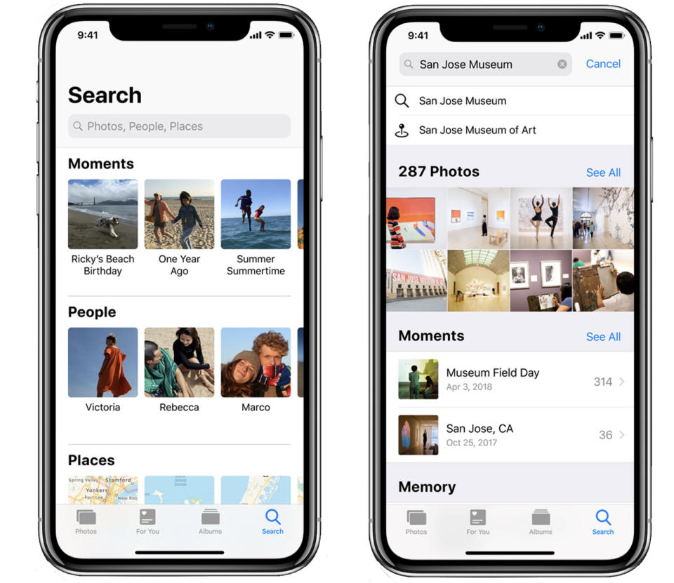 In photos, you can search for photos by people, places, things, or times.