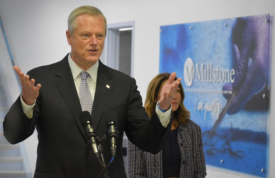 Gov. Charlie Baker talks about FORWARD, his $3.5 billion economic development bill at Millstone Medical in Fall River on Monday, June 4, 2022.