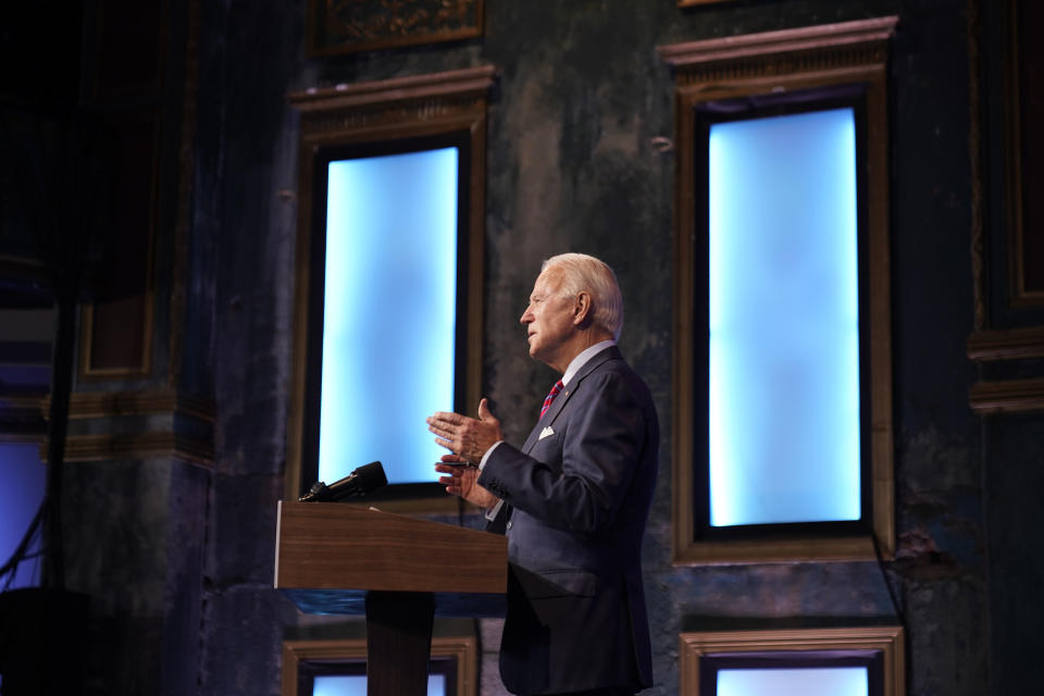 President-elect Joe Biden speaks about jobs at The Queen theater, Friday, Dec. 4, 2020, in Wilmington, Del. (AP Photo/Andrew Harnik)