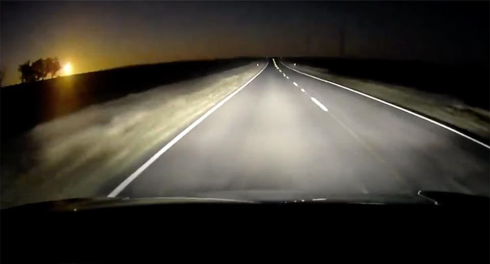 The suspected meteor was captured on dash cam on Tuesday while driving on Wimmera Highway at Newbridge in Victoria.