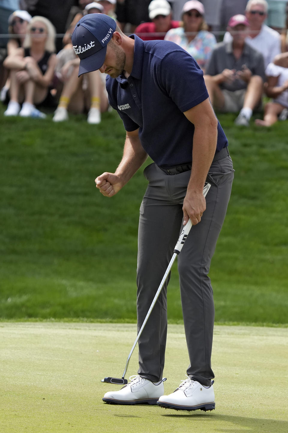 Wyndham Clark pumps his fist after making a birdie putt on the ninth hole during the second round of The Players Championship golf tournament Friday, March 15, 2024, in Ponte Vedra Beach, Fla. (AP Photo/Lynne Sladky)