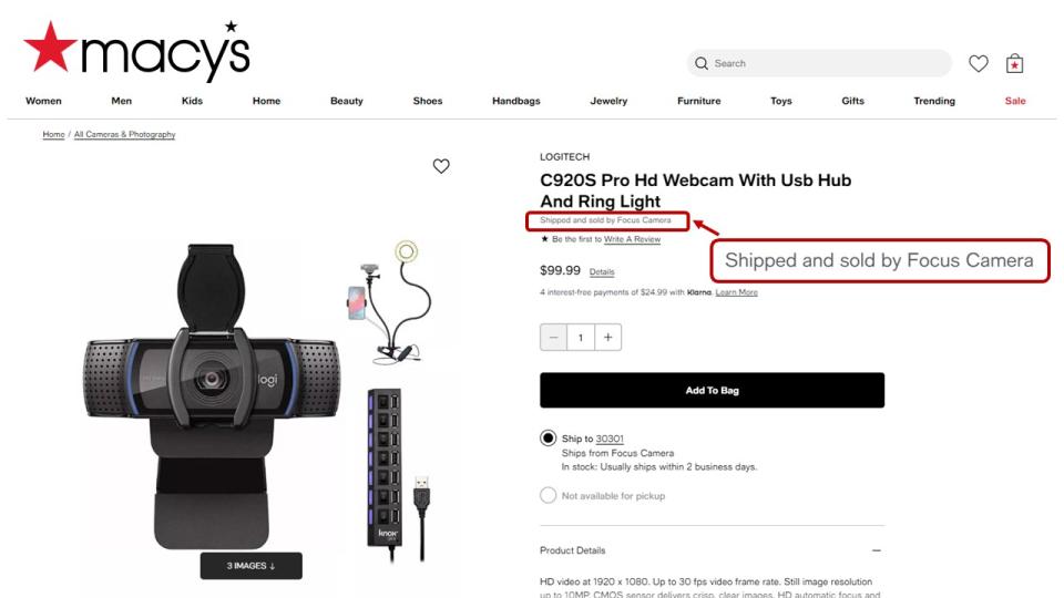 A product page from Macy’s online marketplace.