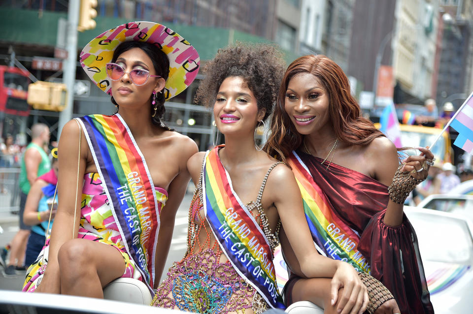 Michaela Jaé Rodriguez, Indya Moore and Dominique Jackson attend WorldPride NYC on June 30, 2019.