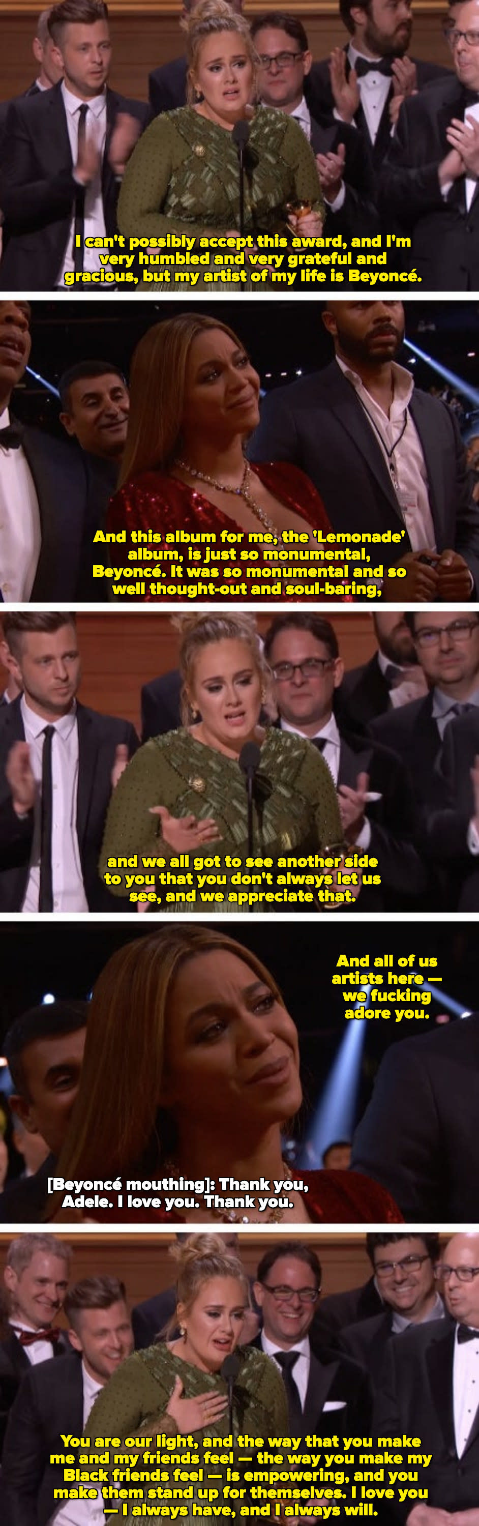 Adele praising Beyoncé for the "Lemonade" album, saying it was monumental and "So well thought-out and soul-baring"