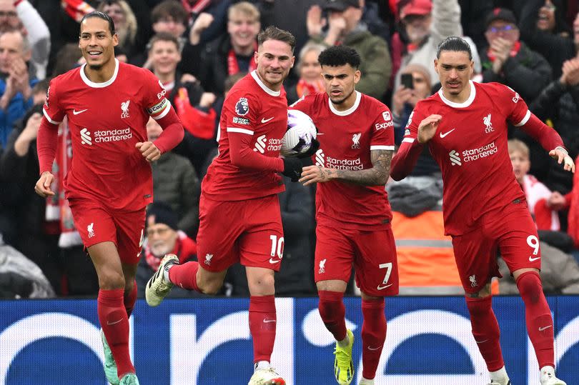 Virgil van Dijk, Alexis Mac Allister, Luis Diaz and Darwin Nunez celebrate after Mac Allister penalty against Manchester City in March