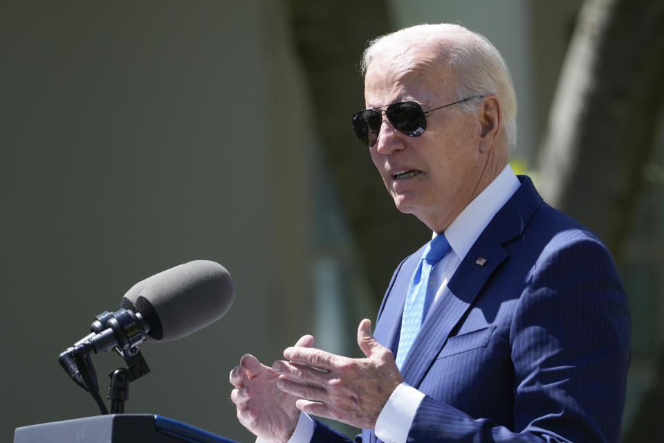 President Joe Biden speaks in the Rose Garden of the White House in Washington, Tuesday, April 18, 2023, about efforts to increase access to child care and improve the work life of caregivers. (AP Photo/Susan Walsh)