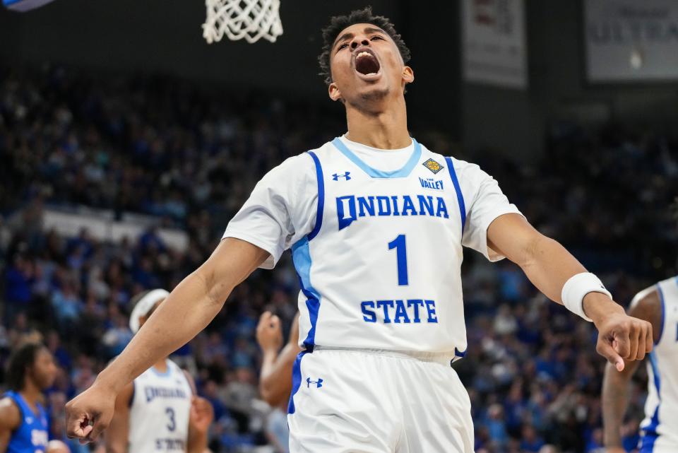 Indiana State Sycamores guard Julian Larry (1) yells in excitement Wednesday, March 20, 2024, during the first round of the NIT at the Hulman Center in Terre Haute.