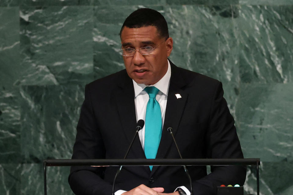 Prime Minister of Jamaica Andrew Holness addresses the 77th Session of the United Nations General Assembly at U.N. Headquarters in New York City, U.S., September 22, 2022.  REUTERS/David 'Dee' Delgado