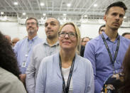 Employees of Bombardier's plant listen to speeches by Airbus Chief Executive Tom Enders (not shown), at their plant in Mirabel, Quebec Canada, October 20, 2017. REUTERS/Christinne Muschi