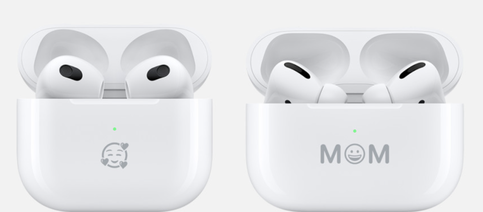 Engraved Apply AirPods with smiling heart emoji and mom on case (Photo via Apple)