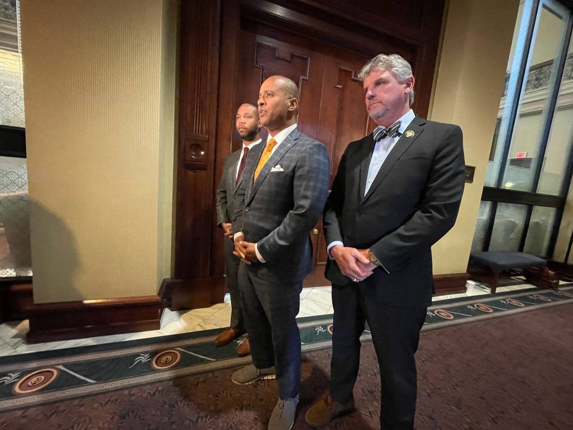 From left, S.C. Rep. Deon Tedder, D-Charleston; House Minority Leader Todd Rutherford, D-Richland; and Assistant House Minority Leader Roger Kirby D-Florence, announce the formation of the Freedom Caucus of South Carolina to rival the ultra-conservative South Carolina Freedom Caucus.