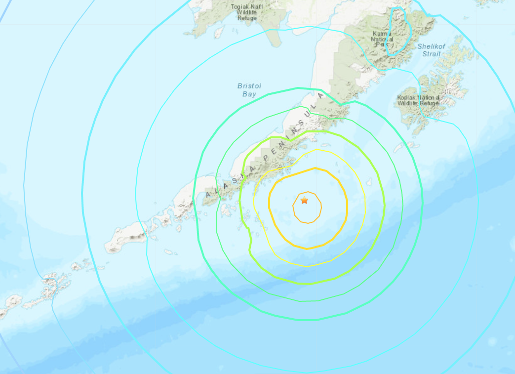 USGS visualisation shows the intensity of the earthquake just off the coast of the Alaskan Peninsula  (USGS)