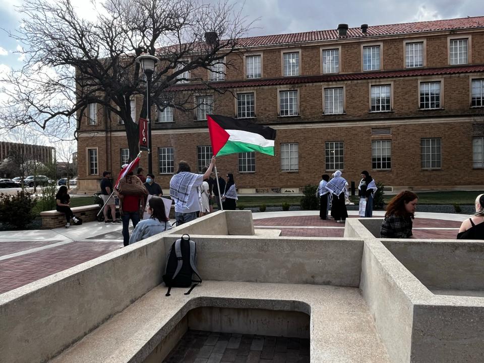 Students gathered in the courtyard near the Texas Tech Administration Building Thursday afternoon, March 7, to protest in support of Dr. Fúnez-Flores, who was suspended by the university earlier this month over Israel-Hamas war comments.