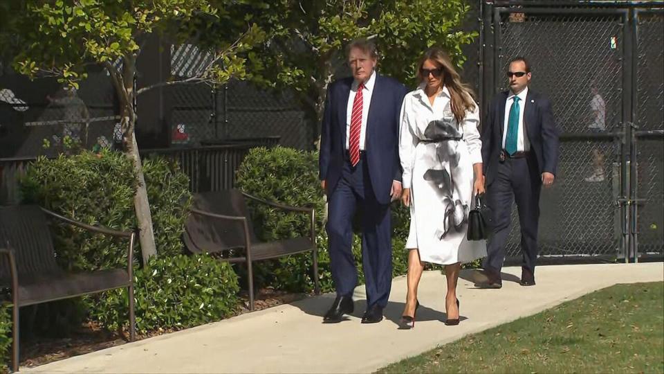 PHOTO: Former President Donald Trump and his wife Melania Trump are shown on their wait to vote in the primary election in West Palm Beach, Fla., on March 19, 2024. (Pool via ABC News)