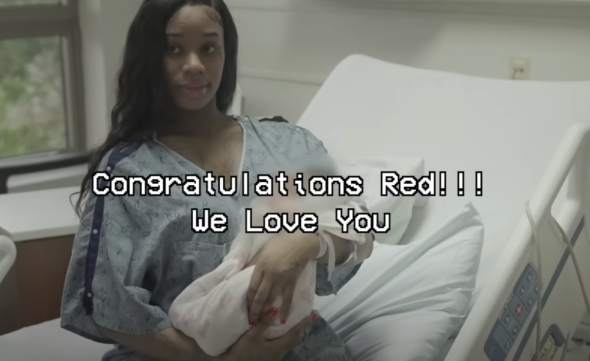 The real footage shows a congratulatory message for Red as she holds her new baby (Sexyy Red/Drake/SZA/Vevo)