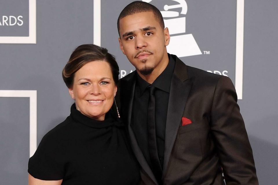 <p>Steve Granitz/WireImage</p> J. Cole and his mom Kay Cole arrive at The 54th Annual Grammy Awards on February 12, 2012 in Los Angeles, California.