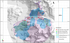 Plan view of the SKG MRE with historical drilling and new drilling completed in 2021 showing (highlighted in red) hole location of assay results included in this News Release.  Note that all the reported holes are within unclassified resource area, therefore confirming the potential to upgrade and significantly expand the existing MRE for Skaergaard.