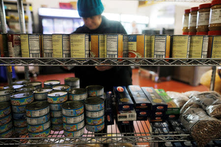 Food products are available at Gather food pantry, which begun to serve furloughed and unpaid federal workers in addition to its usual clientele, in Portsmouth, New Hampshire, U.S., January 18, 2019. REUTERS/Brian Snyder