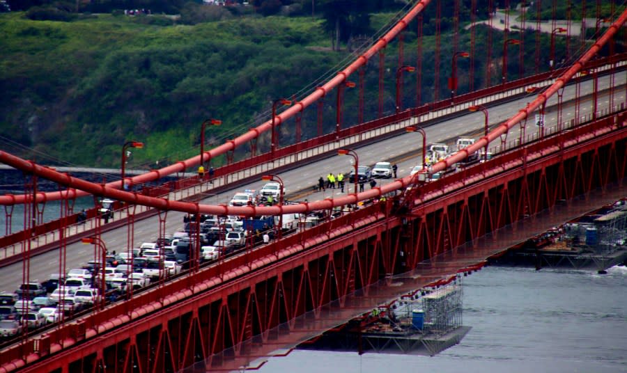 The Golden Gate Bridge is shut down by protesters on April 15, 2024. (Image courtesy Ellen Caminiti)