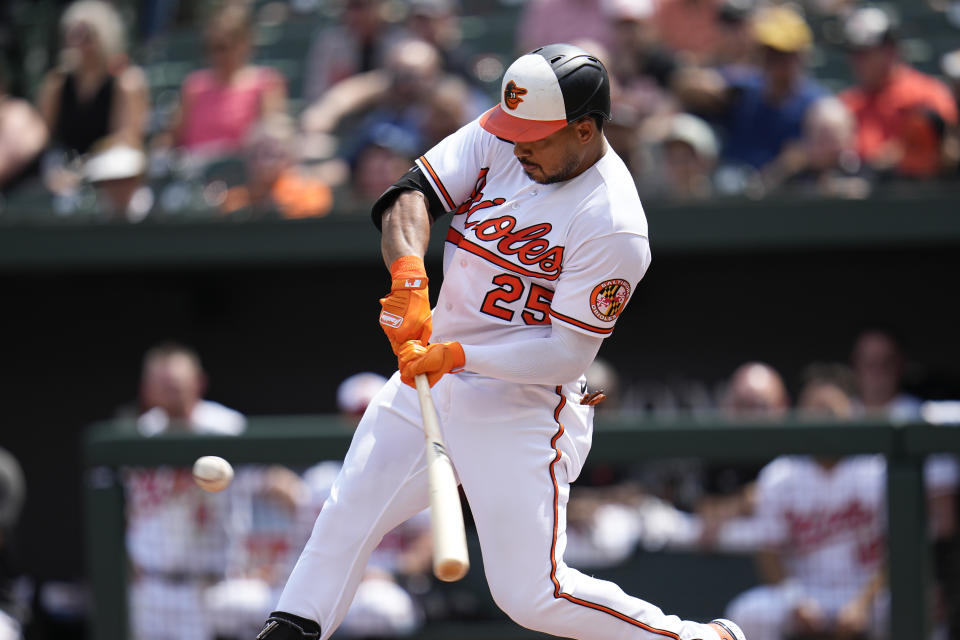 Baltimore Orioles' Anthony Santander hits an RBI double to score Gunnar Henderson from second base during the first inning of a baseball game against the Chicago White Sox, Wednesday, Aug. 30, 2023, in Baltimore. (AP Photo/Julio Cortez)