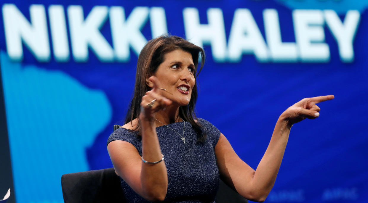 Former U.S. Ambassador to the United Nations Nikki Haley speaks at AIPAC in Washington. (Photo: Reuters/Kevin Lamarque)