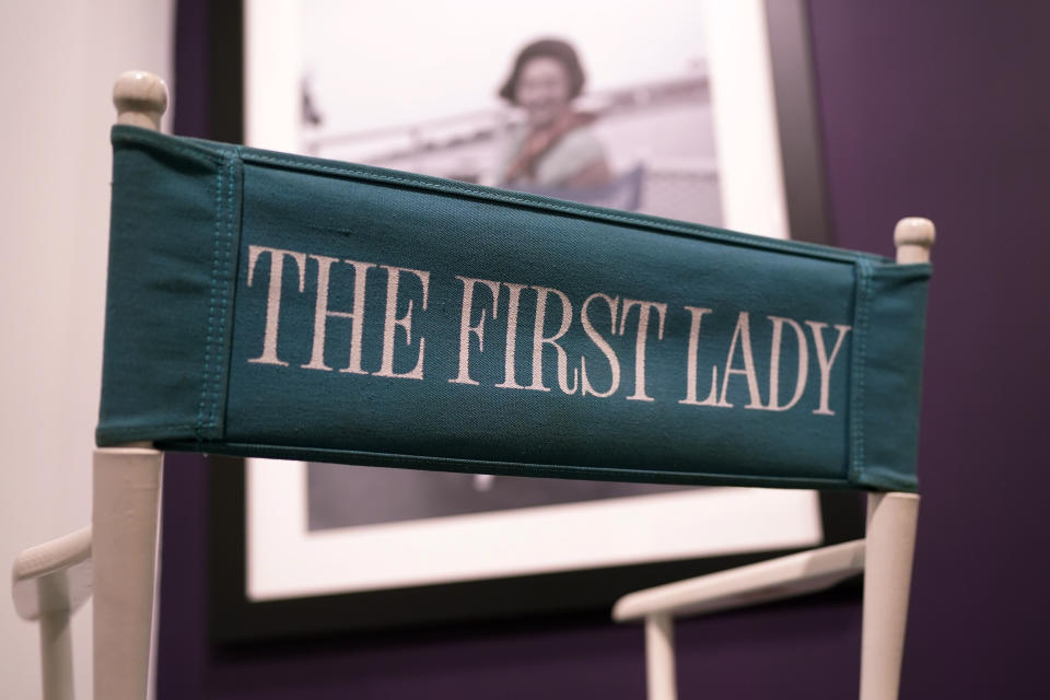 A chair once used by Lady Bird Johnson is displayed at the Lady Bird: Beyond the Wildflowers exhibit at the LBJ Library, Monday, Nov. 6, 2023, in Austin, Texas. (AP Photo/Eric Gay)