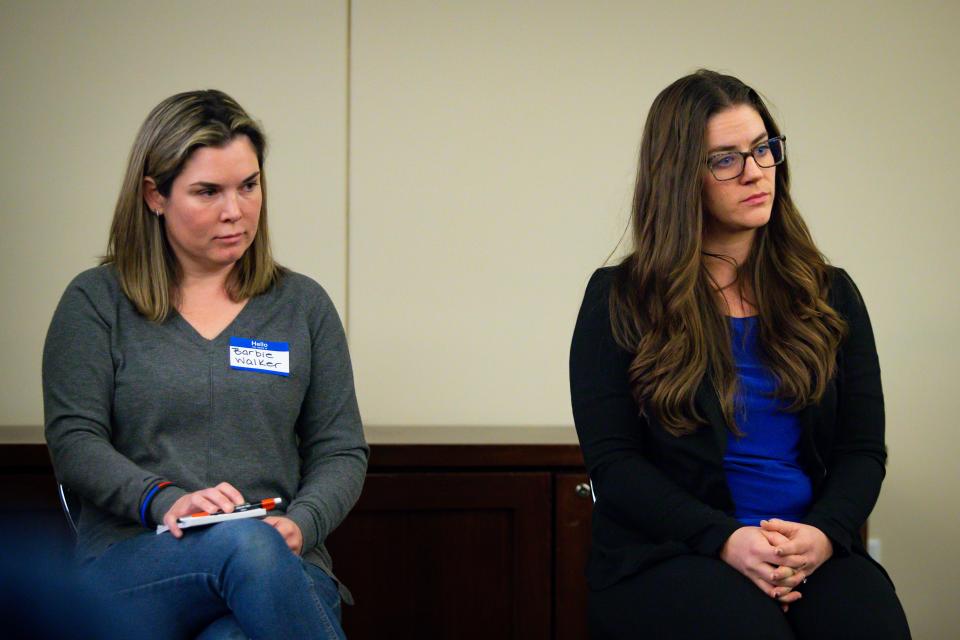 Eugene City Council Ward 7 candidates Barbie Walker and Lyndsie Leech listen to a question during a candidate forum held by the City Club of Eugene Friday, March 24, 2023.