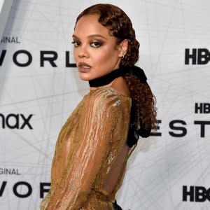 Tessa Thompson Glows Gold Sheer Dress Westworld Premiere