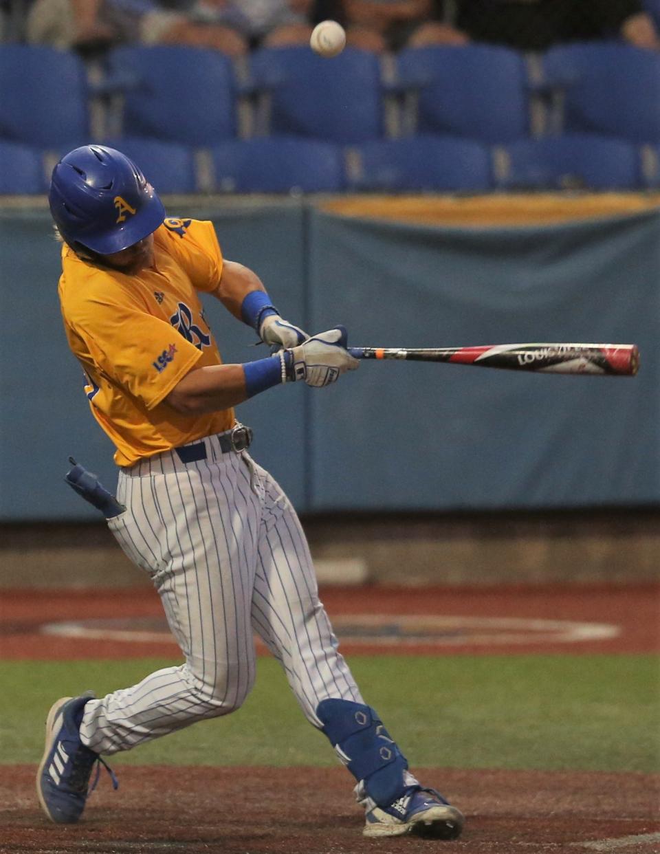 Angelo State University's Thomas Cain hits a foul ball during Game 4 of the NCAA D-II South Central Regional against Texas A&M-Kingsville at Foster Field at 1st Community Credit Union Stadium on Friday, May 20, 2022.