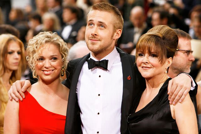 <p>Chris Polk/FilmMagic</p> Ryan Gosling with his sister Mandi and mother Donna at the 2007 Oscars