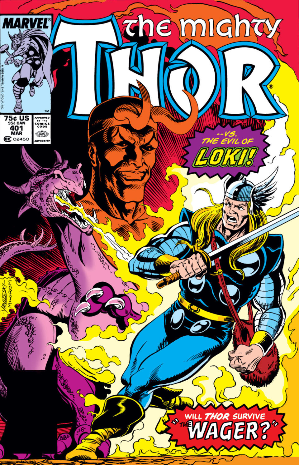 The cover of Thor 401 shows Loki shooting fire at Thor with text that says Will Thor Survive The Wager