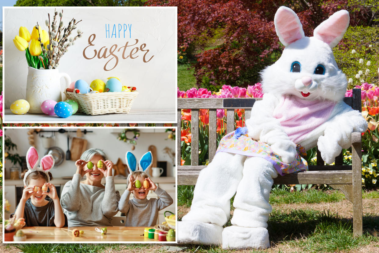 A person in a bunny suit sitting on a bench with a child.