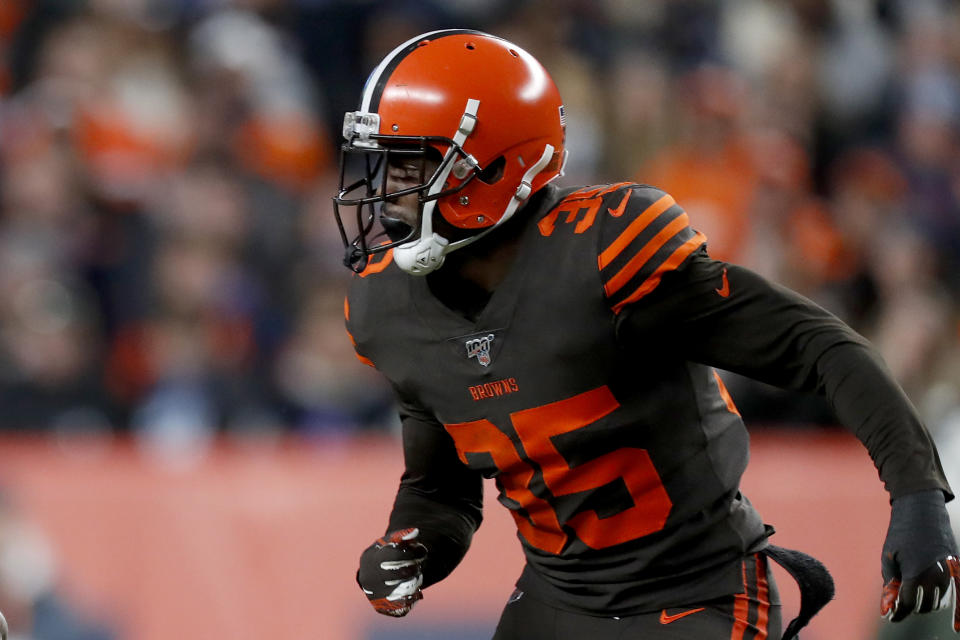 Cleveland Browns defensive back Jermaine Whitehead (35) runs a play against the Denver Broncos during the second half of NFL football game, Sunday, Nov. 3, 2019, in Denver. Whitehead has been released following his disturbing social media rant after a loss in Denver. The Browns announced the move Monday, Nov. 4, 2019, hours after rebuking Whitehead for "totally unacceptable and highly inappropriate behavior" following a 24-19 loss to the Broncos on Sunday. (AP Photo/David Zalubowski)