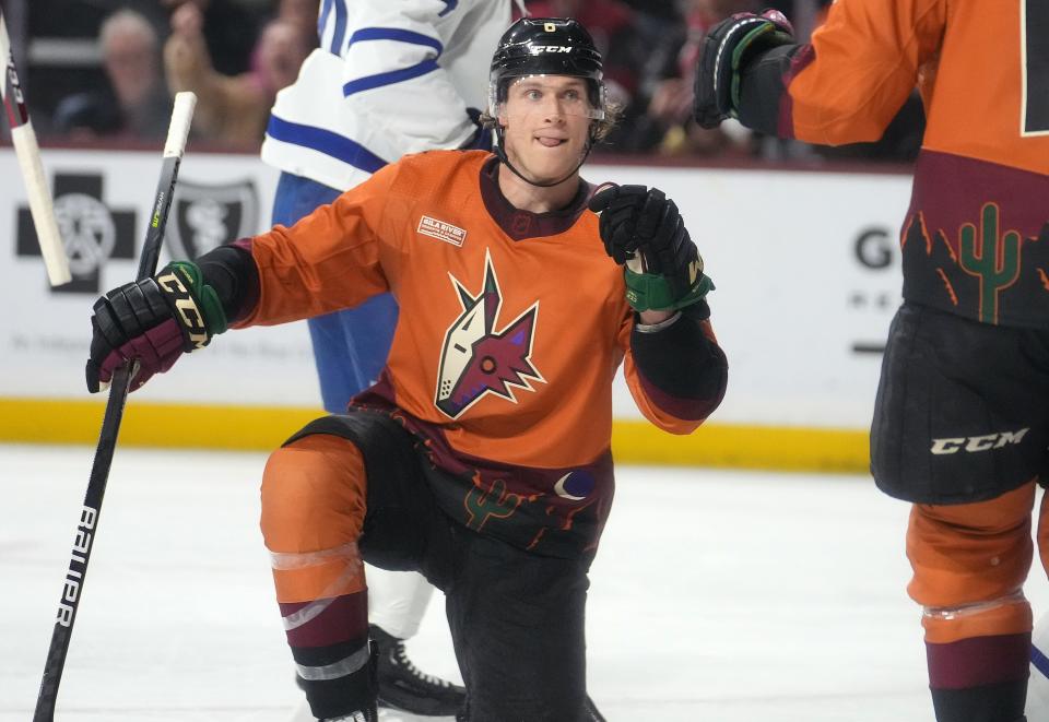 Dec 29, 2022; Tempe, Arizona, USA; Arizona Coyotes defender 	Jakob Chychrun (6) celebrates his goal against the Toronto Maple Leafs at Mullett Arena. Mandatory Credit: Joe Rondone-Arizona Republic