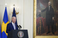 President Joe Biden speaks before signing the Instruments of Ratification for the Accession Protocols to the North Atlantic Treaty for the Republic of Finland and Kingdom of Sweden in the East Room of the White House in Washington, Tuesday, Aug. 9, 2022. The document is a treaty in support of Sweden and Finland joining NATO. (AP Photo/Susan Walsh)